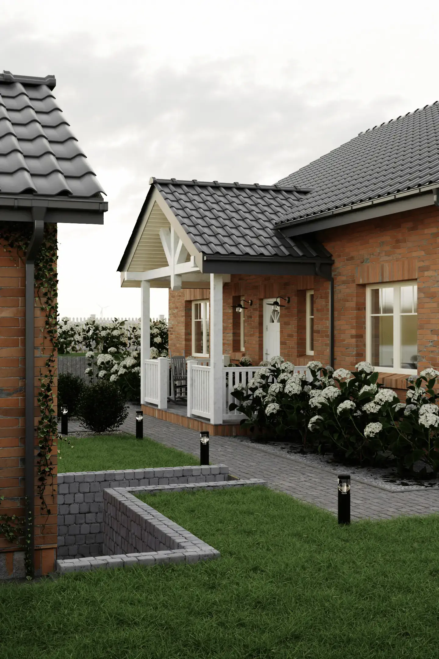 Wizualizacja exterior domu jednorodzinnego z cegły w stylu holendersko-angielskim.