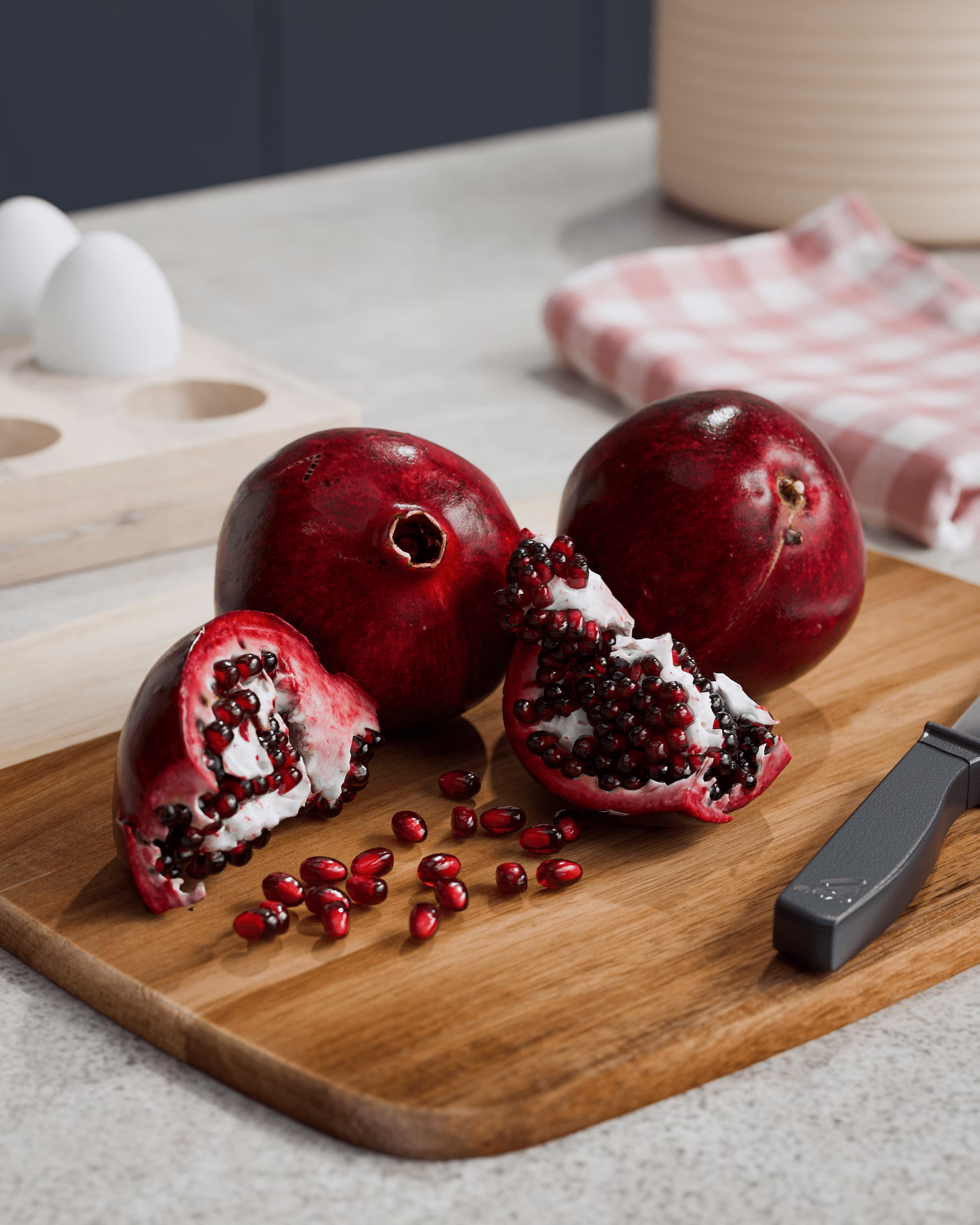Fotorealistyczna wizualizacja 3D owoców na blacie kuchennym.