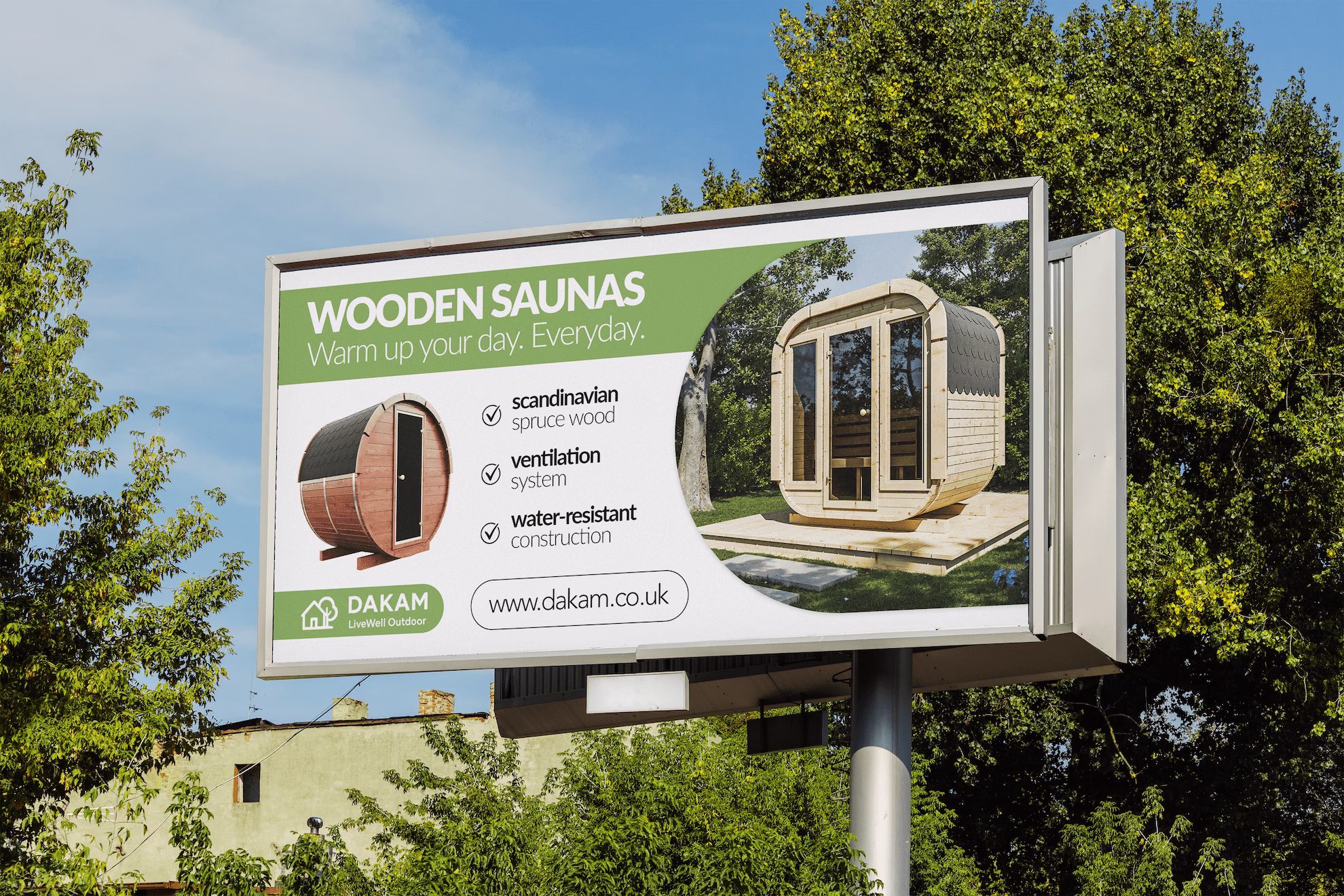 Billboard, baner reklamowy z produktami z drewna - sauna drewniana.