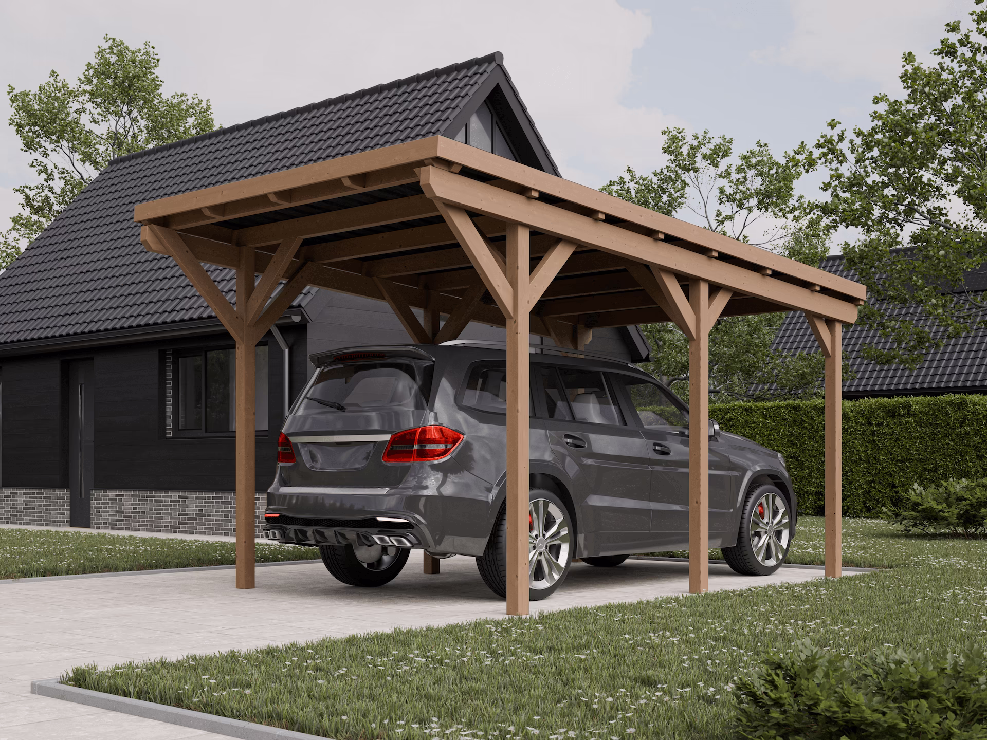 Wizualizacja przedstawiająca carport jednostanowiskowy drewniany na podjeżdzie.